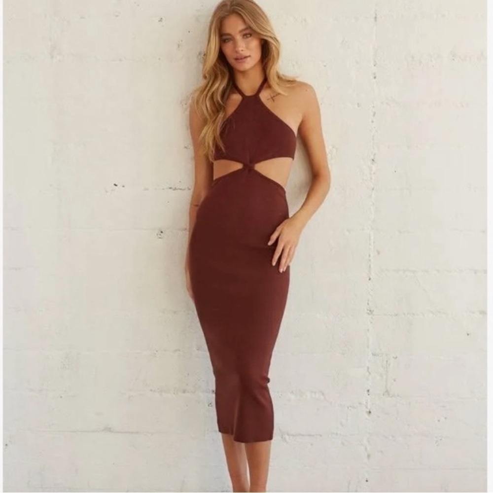 Peppermayo Margaux Knit Midi Dress Brown Size 8 - Picture 1 of 4